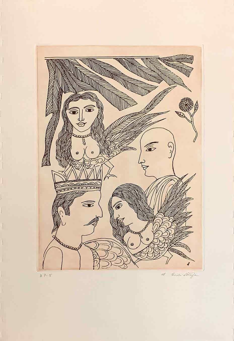 King & Monk, König und Mönch, Akt, Radierung auf Papier von moderner indischer Künstler „In Stock“ – Art von Badri Narayan