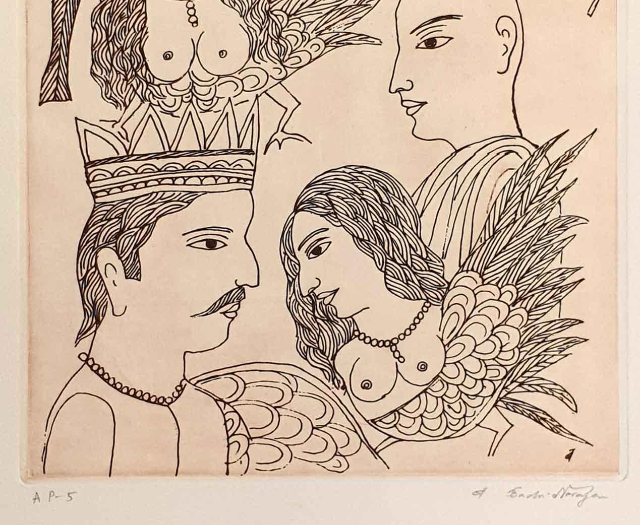 Badri Narayan - Untitled
         Size : 14.25 x 10.25 inches
Plate Size : 20.5 x 14.5 inches
Etching on paper
Edition : AP - 5
Inclusive of shipment in ready to hang form.

Style : The artist’s paintings are narrative, and titles like ‘Queen