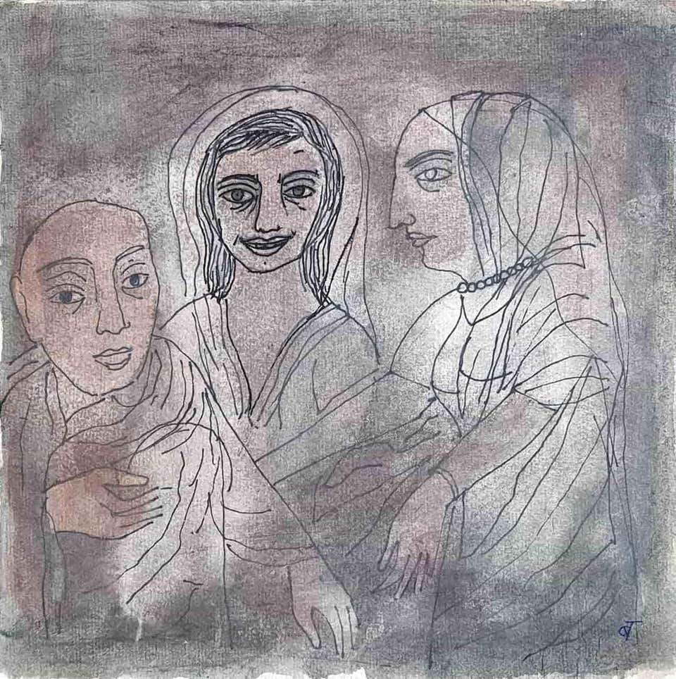 Figurative, Ink, Watercolor, Mixed Media on paper by Badri Narayan "In Stock"
