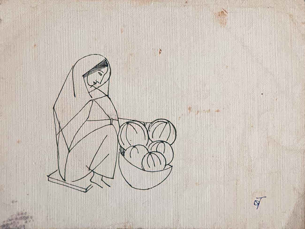 Badri Narayan Figurative Art - Fruit Seller, Woman, Drawing, Ink on paper by Modern Indian Artist "In Stock"