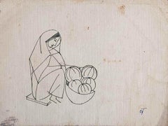 Venditrice di frutta, Donna, Disegno, Inchiostro su carta di Artista Indiano Moderno "In magazzino"