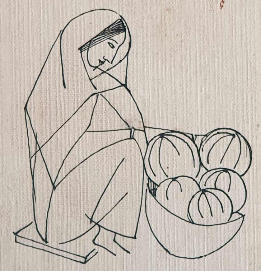 Badri Narayan - Fruit Seller - 5.5 x 7.5 inches ( unframed size)
Drawing, Ink on paper
Inclusive of shipment in ready to hang form.

Style : The artist’s paintings are narrative, and titles like ‘Queen Khemsa’s Dream of Hamsa’ and ‘Meeting at