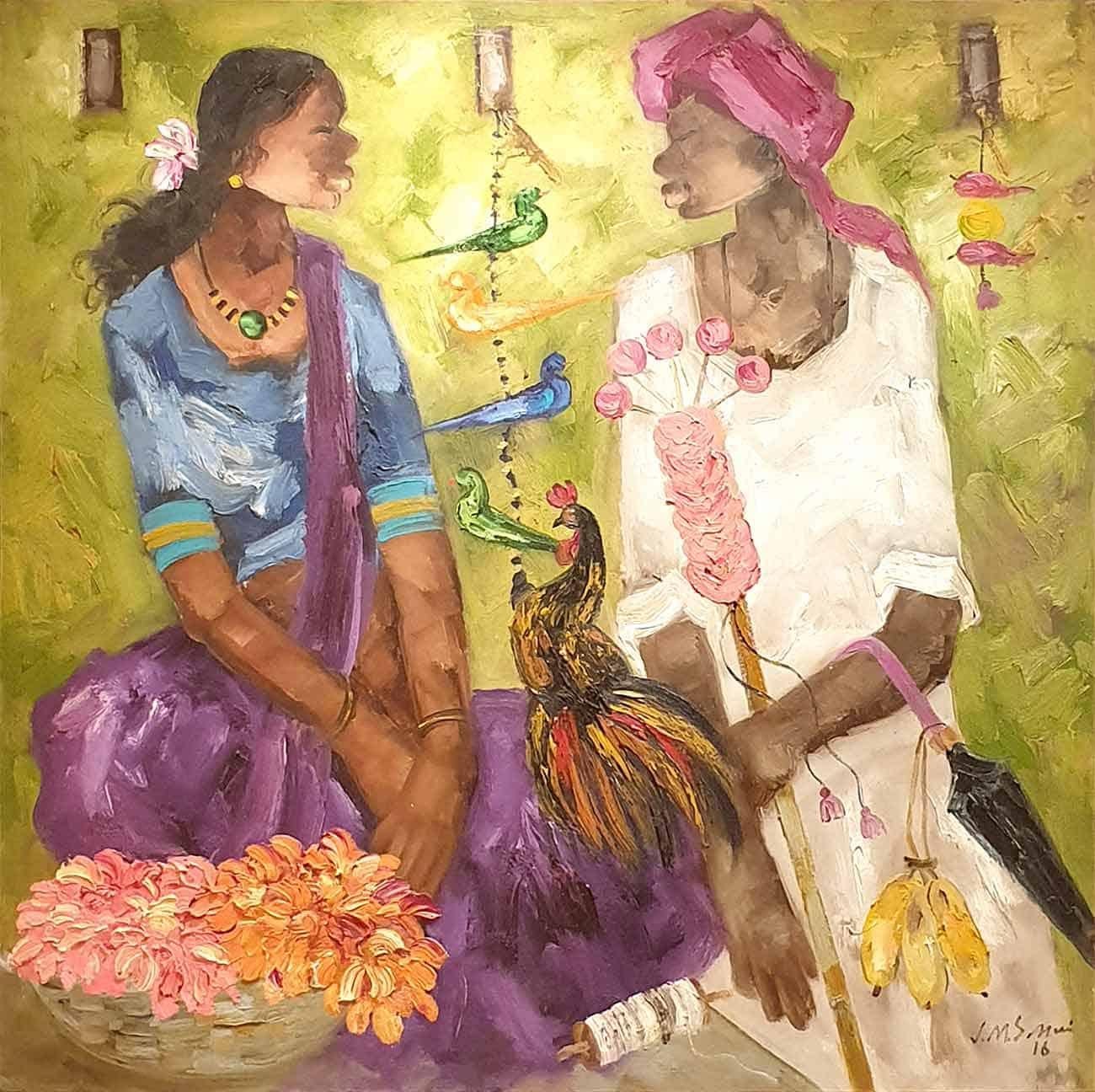 JMS Mani Portrait Painting - Indian Man & Woman , Rooster , Flowers , Oil on Canvas, Green Orange "In Stock"