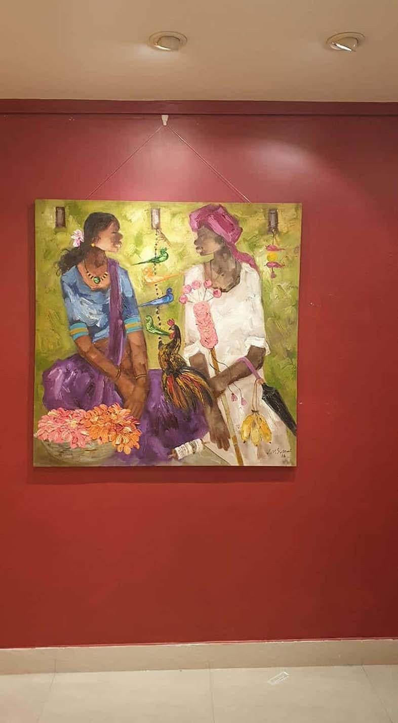 Indian Man & Woman , Rooster , Flowers , Oil on Canvas, Green Orange 