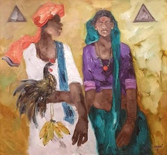 South Indian Village, Man and Woman, Oil on Canvas, Yellow Orange Green"In Stock"