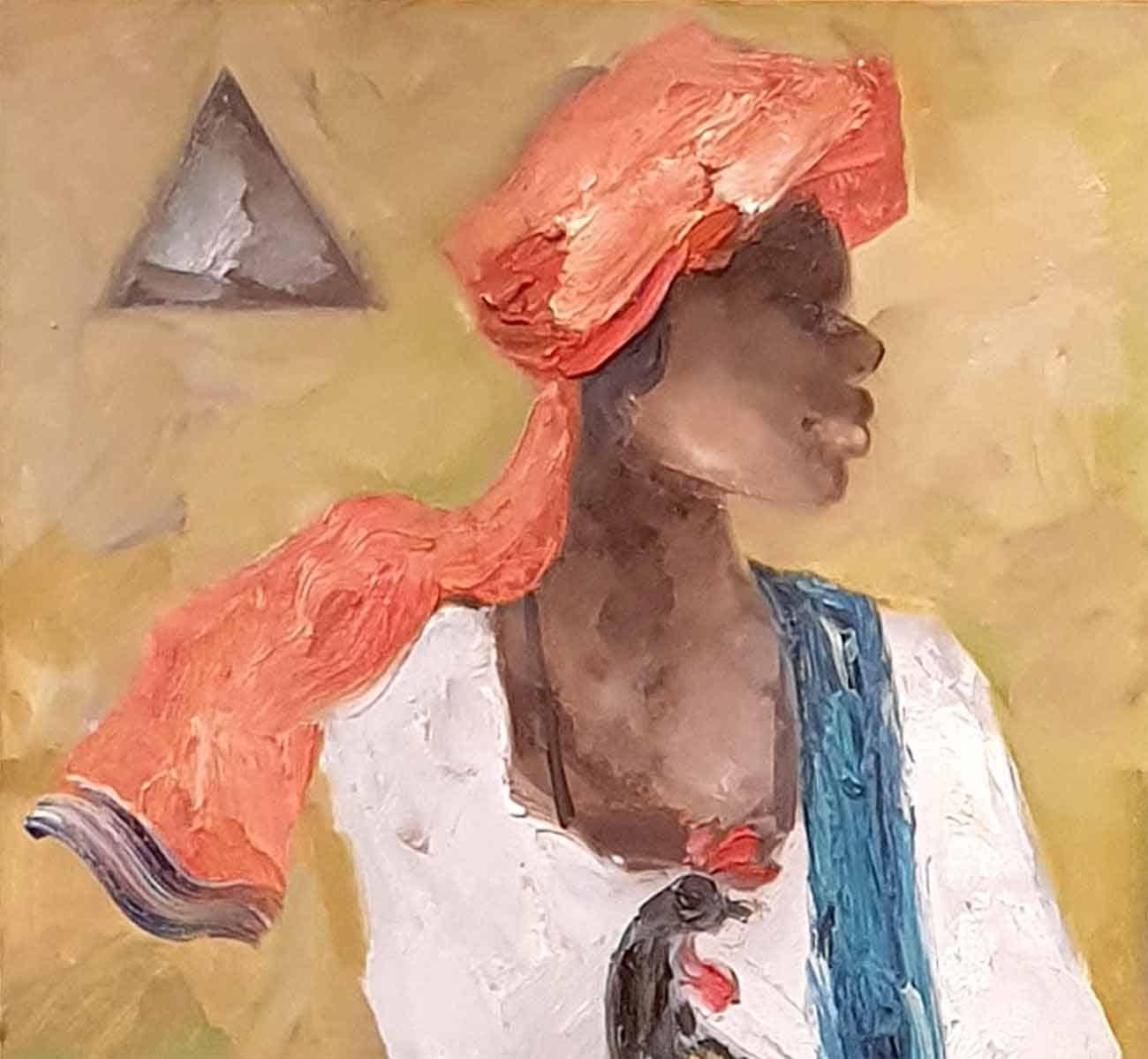 South Indian Village, Man and Woman, Oil on Canvas, Yellow Orange Green