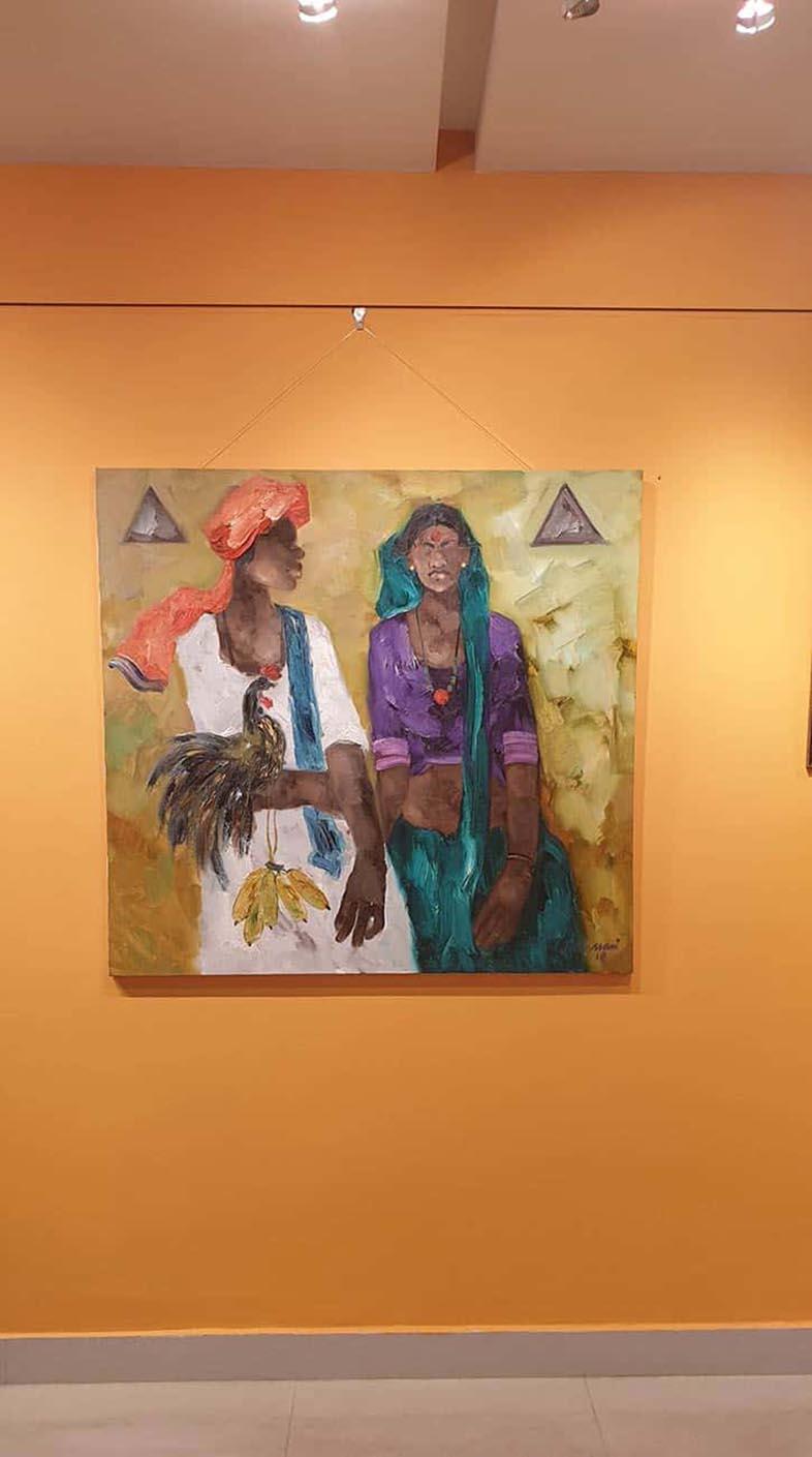 South Indian Village, Man and Woman, Oil on Canvas, Yellow Orange Green