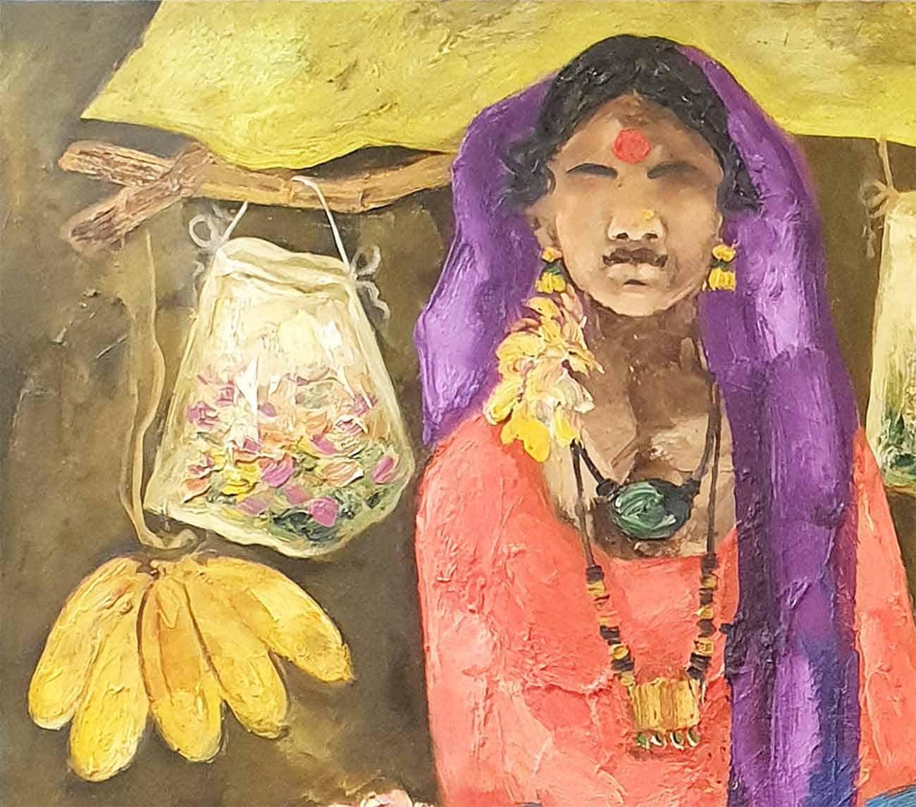 Indian Woman from Badami Village, Selling Flowers, Oil on Canvas