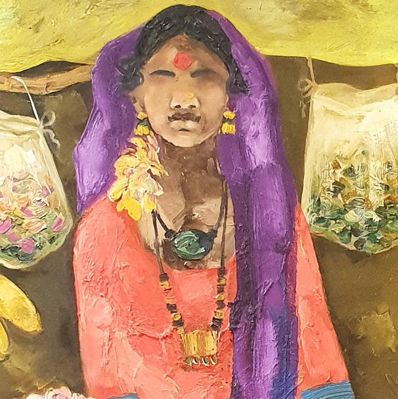 Indian Woman from Badami Village, Selling Flowers, Oil on Canvas