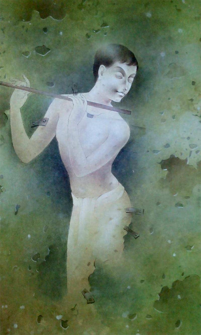 Figurative Painting de Mintu Naiya - Niño tocando la flauta, Técnica mixta sobre papel, Verde de artista indio "En Stock"