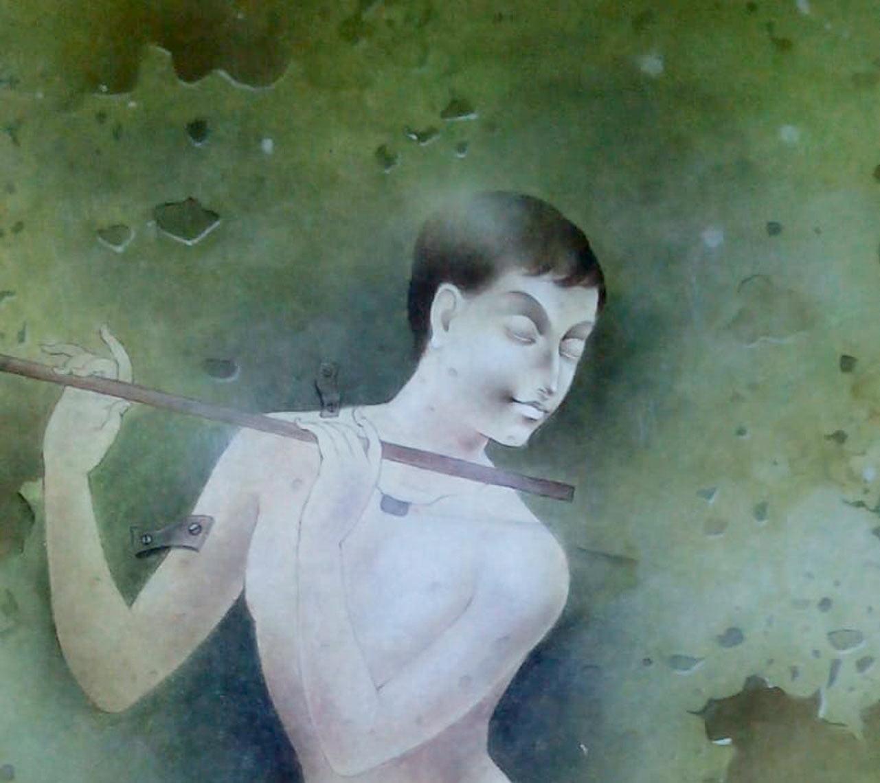 Mintu Naiya - Boy Playing Flute - 16 x 9 inches ( unframed size )
Mixed Media on paper
** Shipped in roll form.

About the Artist & his Art work :
Born : November, 1976.

Education :
Graduate from Calcutta University,Trained in Indian painting from