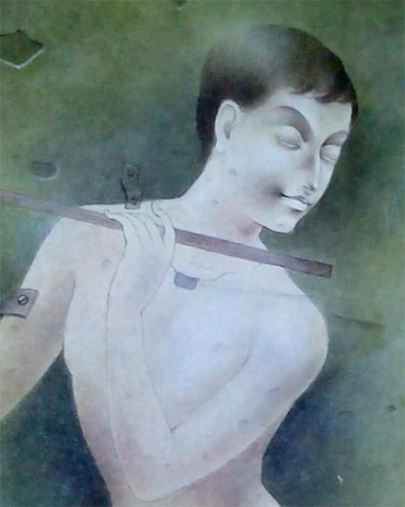 Boy Playing Flute, Mixed Media on Paper, Green by Indian Artist 