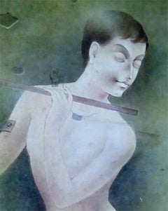 Un garçon jouant de la flûte, technique mixte sur papier, vert, de l'artiste indien « en stock »