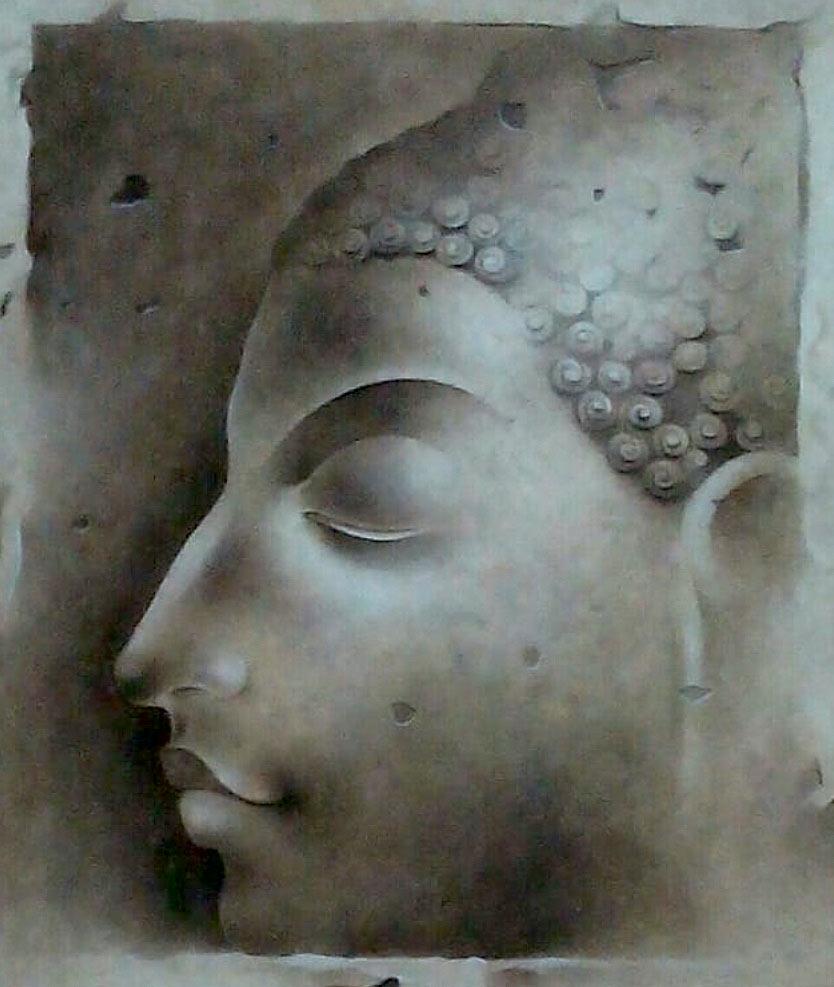 Bouddha, dieu, technique mixte sur papier, bleu, gris par l'artiste indien « en stock » - Contemporain Mixed Media Art par Mintu Naiya