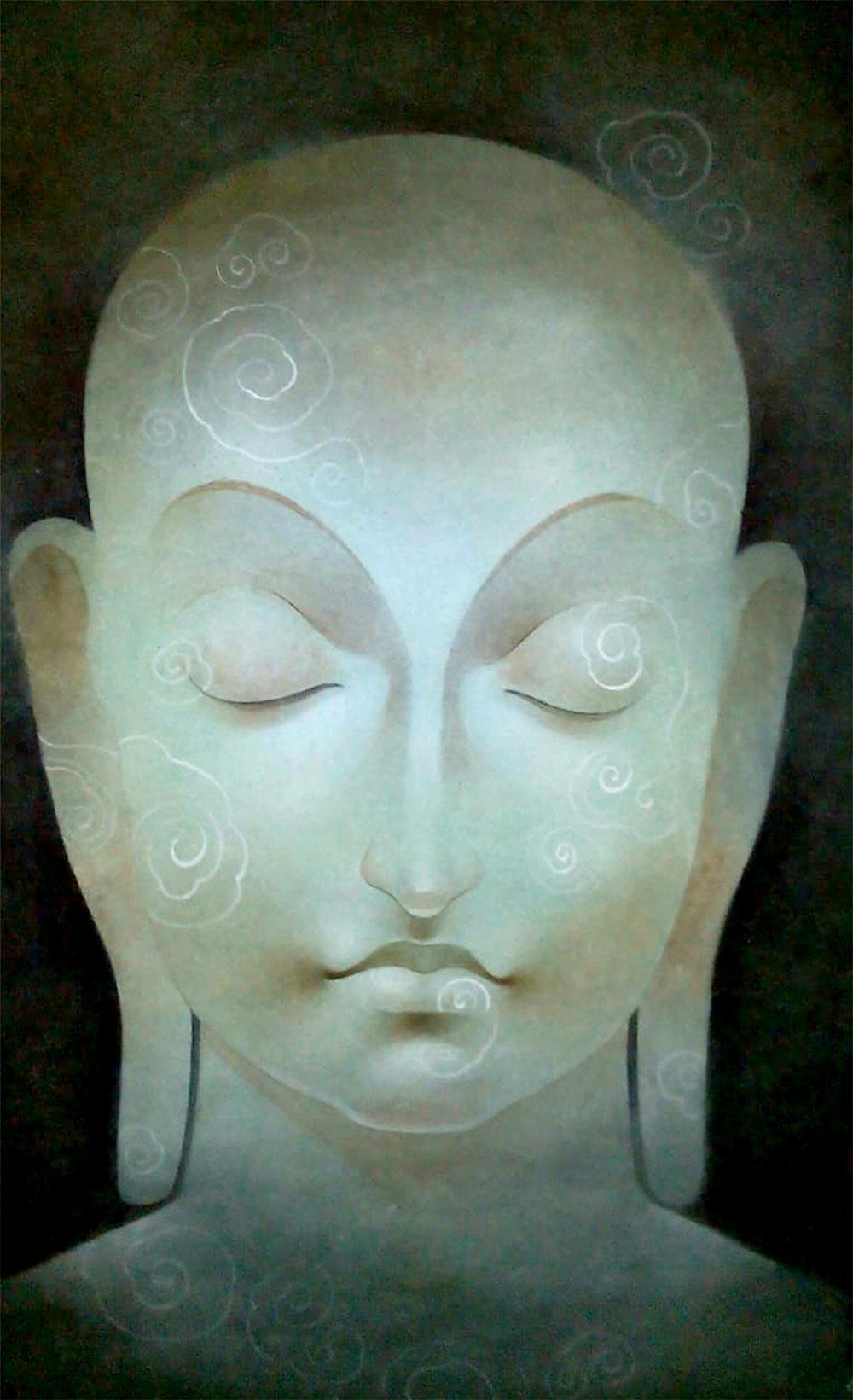Buddha, God, Mixed Media on Paper, Green, Blue by Indian Artist "In Stock"