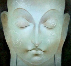 Buddha, God, Mixed Media on Paper, Green, Blue by Indian Artist "In Stock"