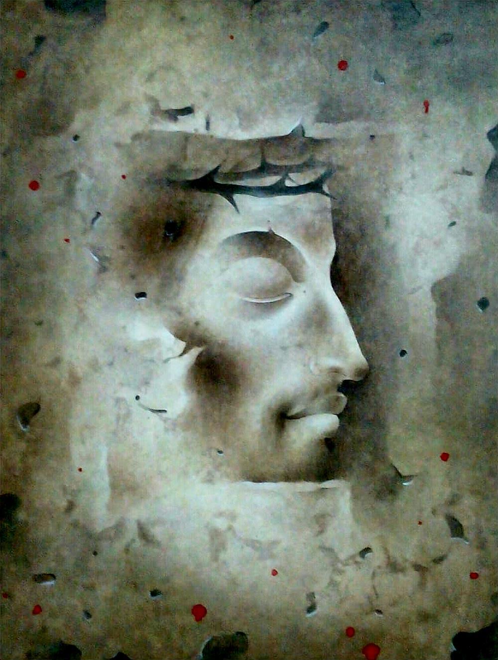 Mintu Naiya Figurative Painting - Jesus Christ, Mixed Media on Paper, Grey, Blue by Indian Artist "In Stock"