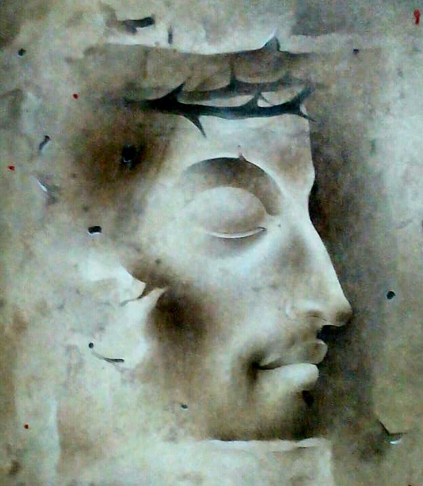 Jesus Christ, Mixed Media on Paper, Grey, Blue by Indian Artist 