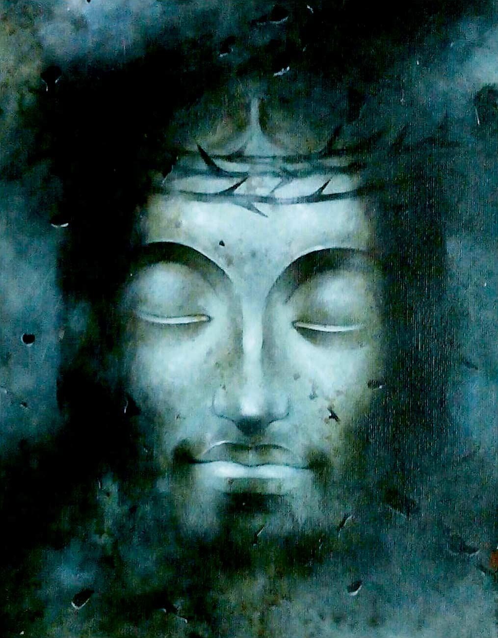 Jesus Christ, Mixed Media on Paper, Blue by Indian Artist "In Stock" - Mixed Media Art by Mintu Naiya