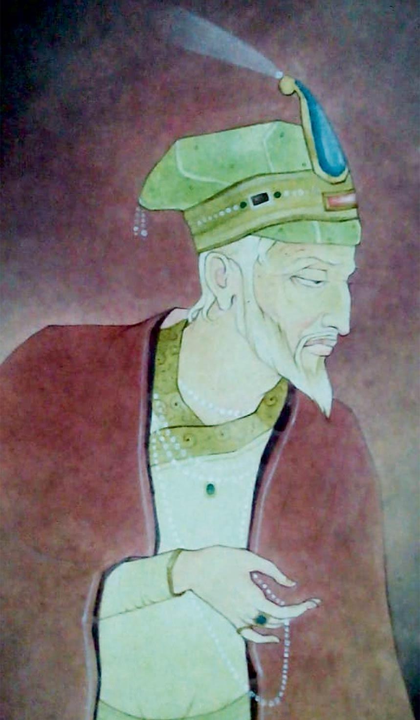 King, Indian, Wash on Paper, Green, Red by Contemporary Artist 
