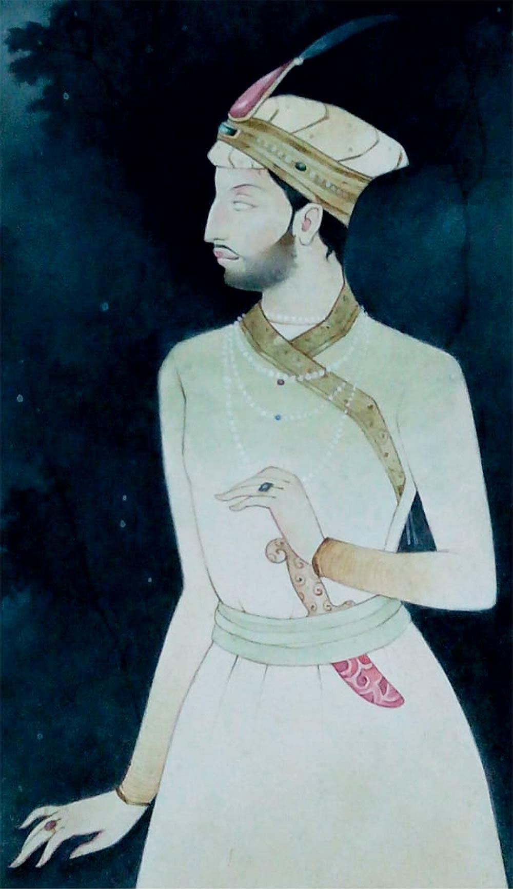 Re indiano, Lavaggio su carta, Blu, Verde di un artista indiano contemporaneo 