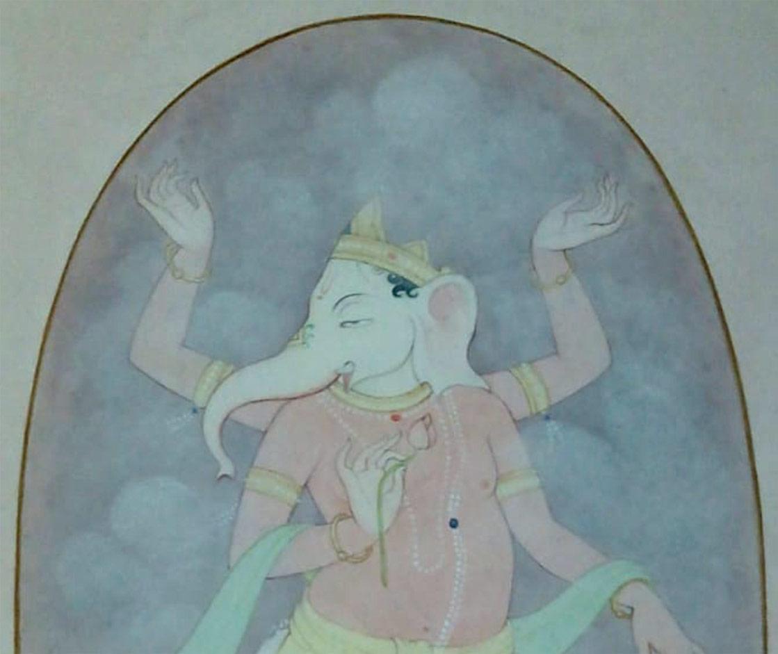 Ganesha, Dio, Lavaggio su carta, Verde, Rosso di Artista Indiano Contemporaneo 