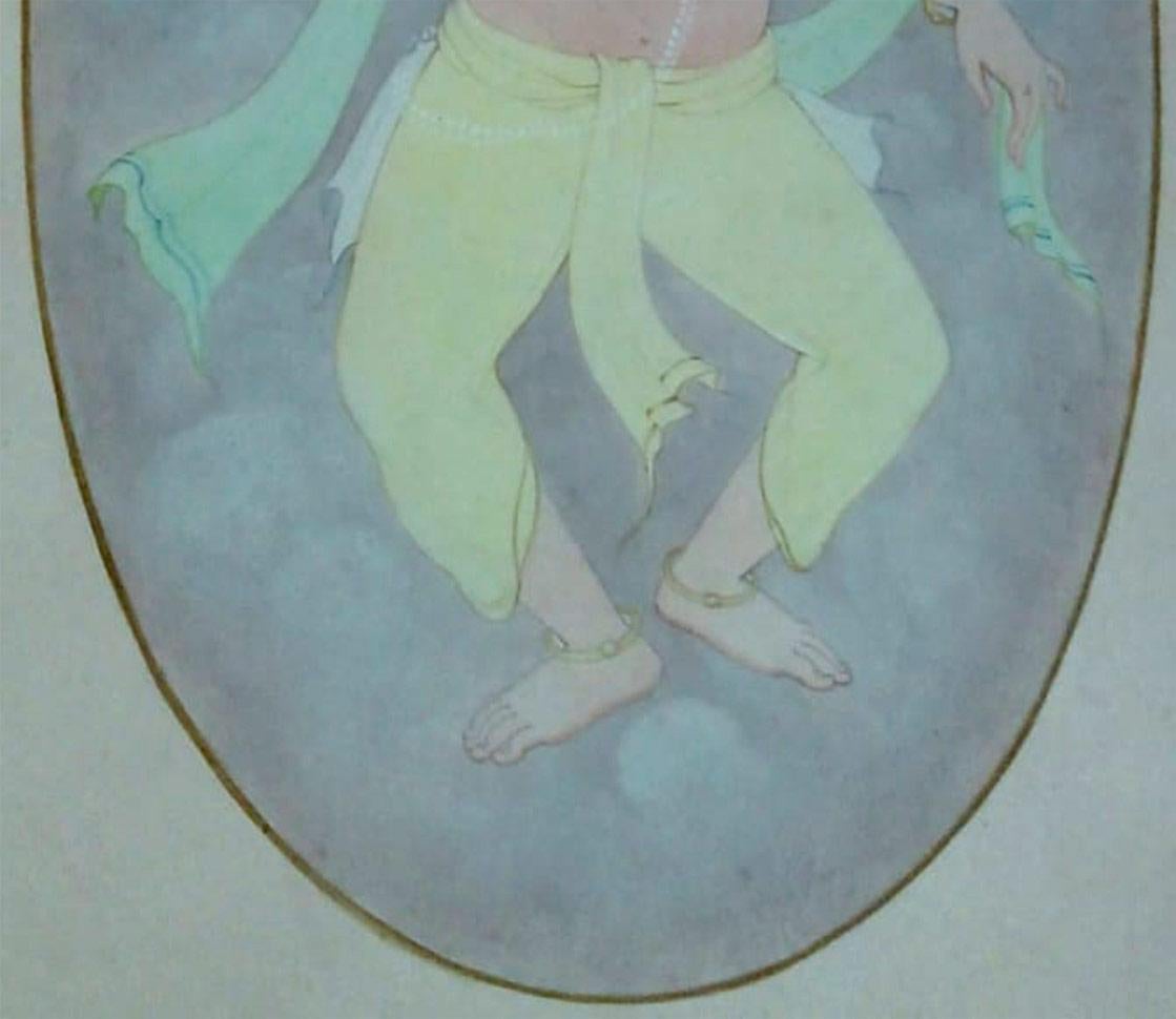 Ganesha, Dio, Lavaggio su carta, Verde, Rosso di Artista Indiano Contemporaneo 