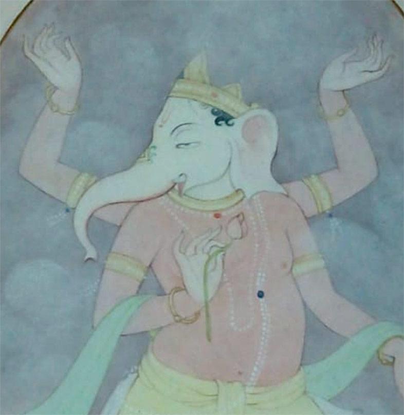 Ganesha, Dio, Lavaggio su carta, Verde, Rosso di Artista Indiano Contemporaneo 