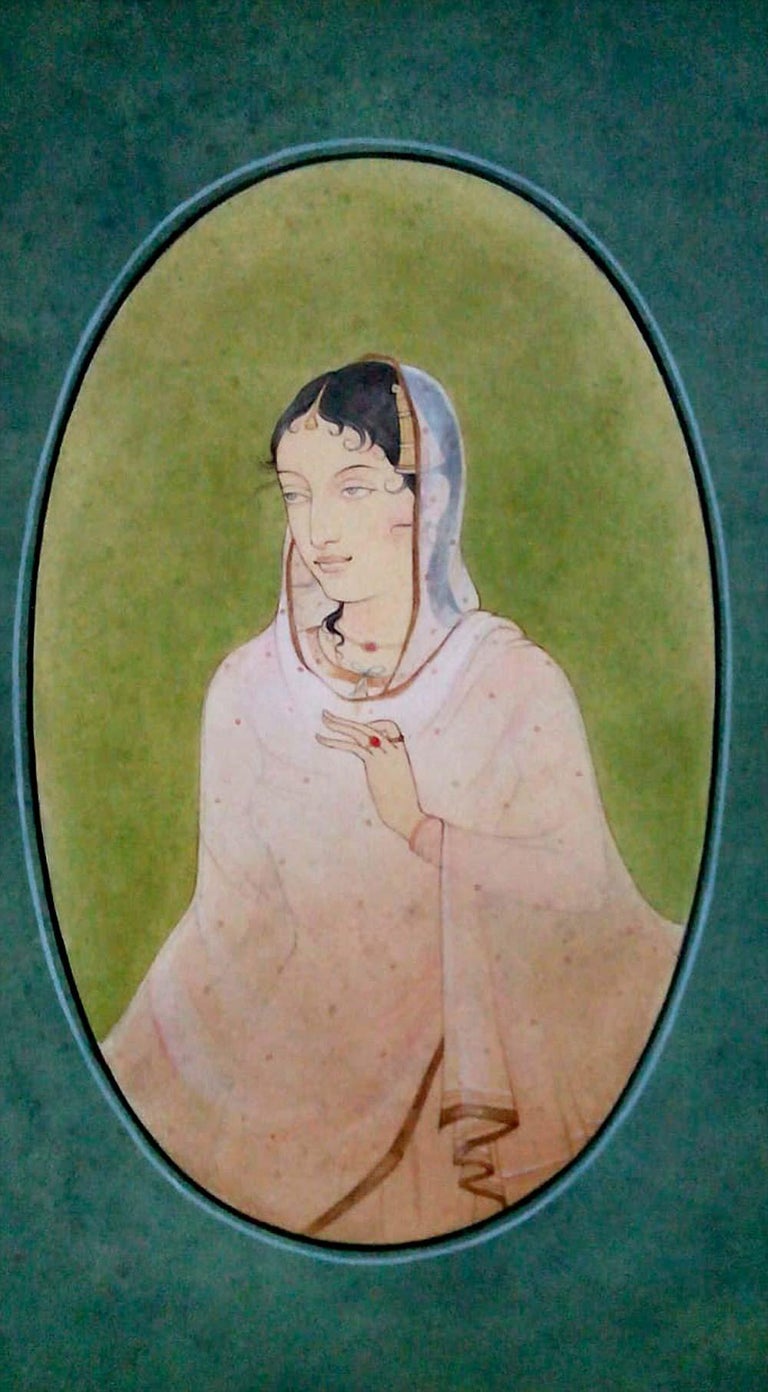 Mintu Naiya Figurative Painting - Lady, Wash on Paper, Green, Blue by Indian Contemporary Artist "In Stock"