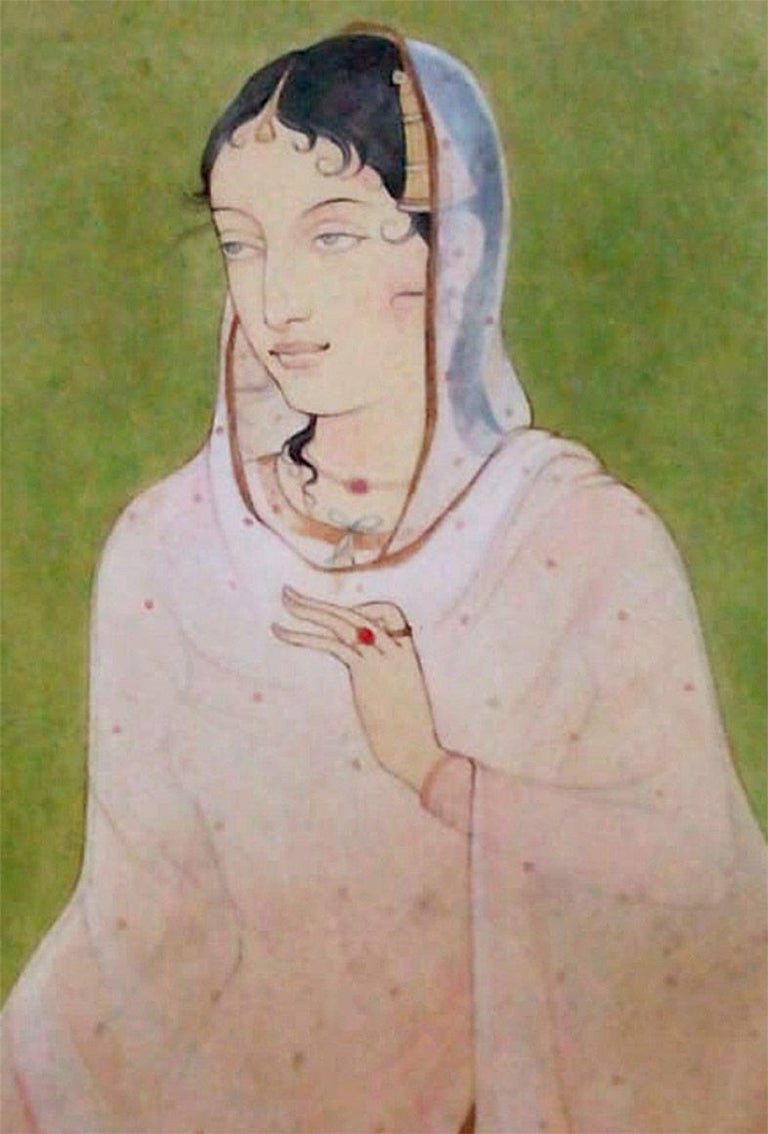 Lady, Wash on Paper, Green, Blue by Indian Contemporary Artist 