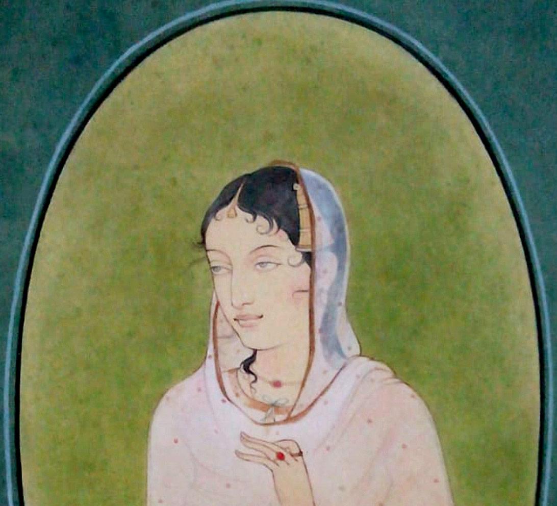 Lady Lady, Wash auf Papier, Grün, Blau von indischer zeitgenössischer Künstlerin, „Auf Lager“ – Painting von Mintu Naiya