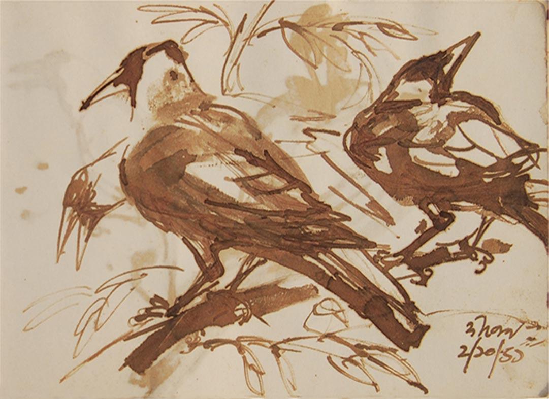 Crow Series, Drawings, Brush, Watercolor on Paper, Brown by Dipen Bose