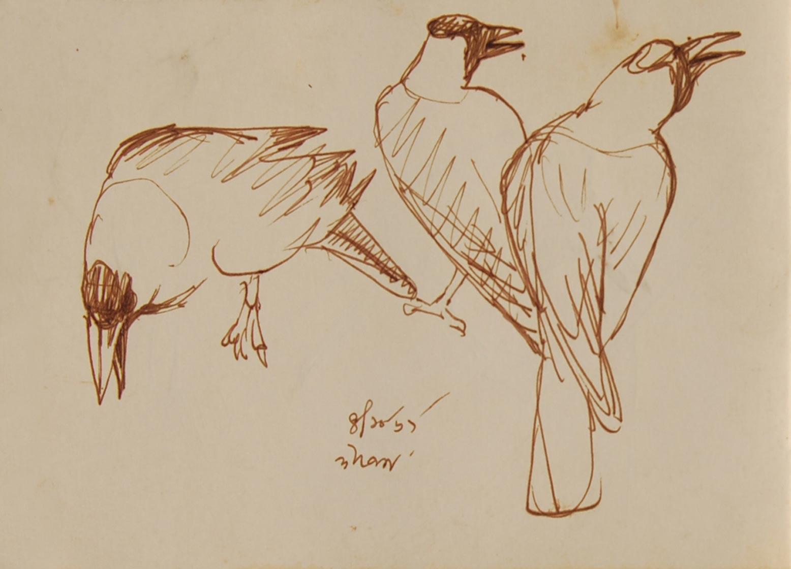 Crow Series, Drawings, Brush, Watercolor on Paper, Brown by Dipen Bose