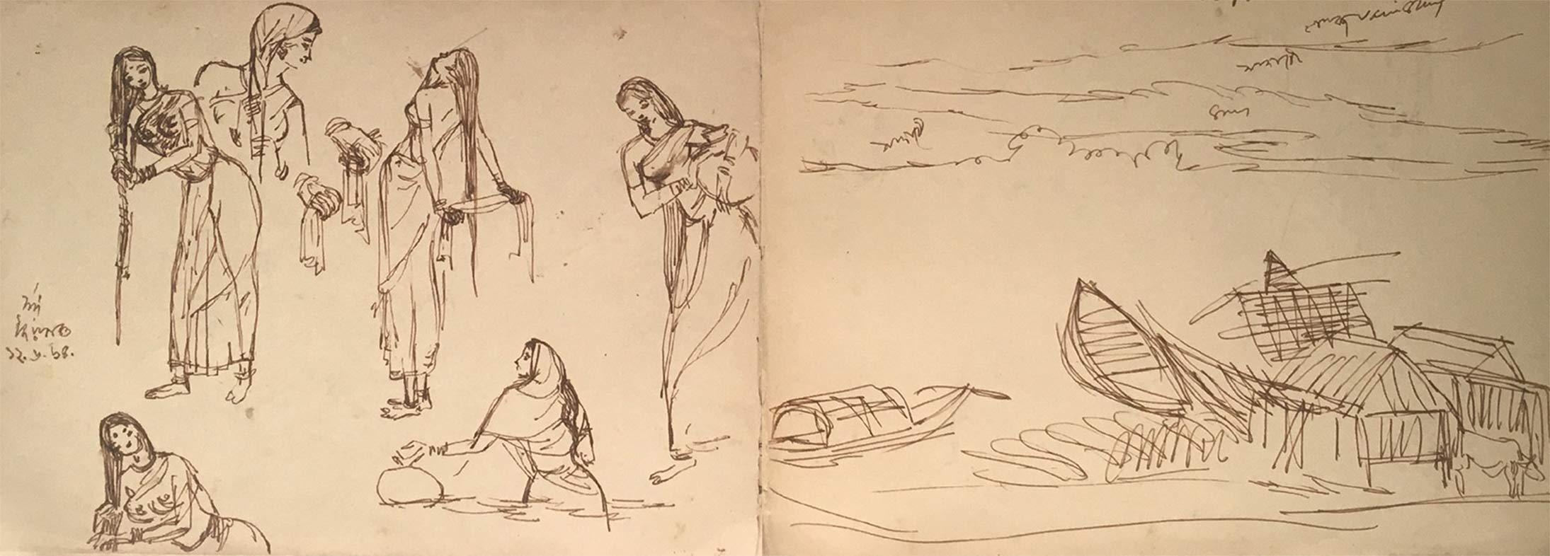 Indische figurative indische Zeichnung, Tusche auf Papier, zweiseitiges Werk von Indra Dugar, „Auf Lager“ im Angebot 9