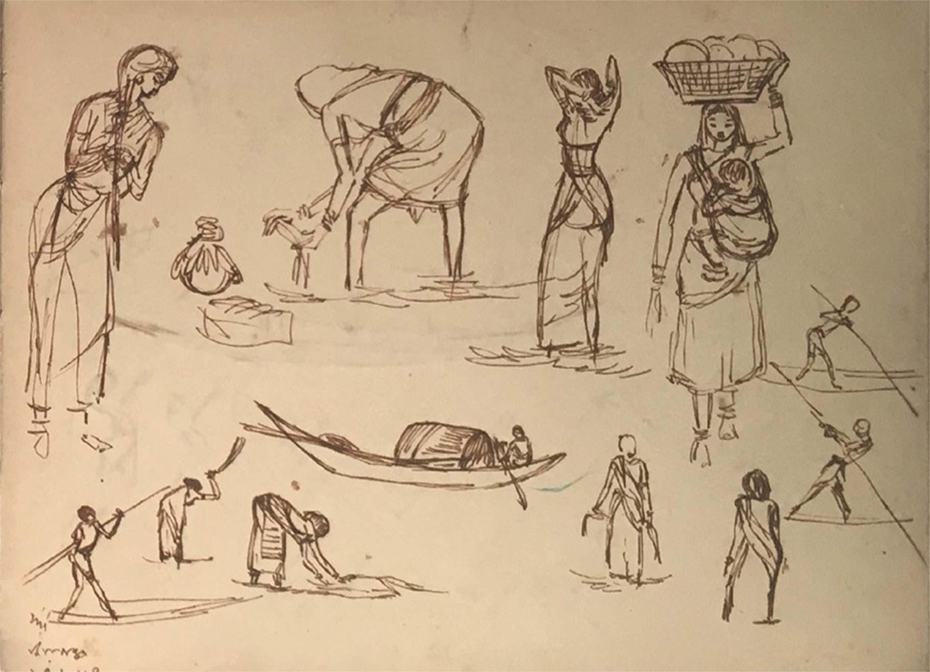 Indische figurative indische Zeichnung, Tusche auf Papier, zweiseitiges Werk von Indra Dugar, „Auf Lager“ im Angebot 13