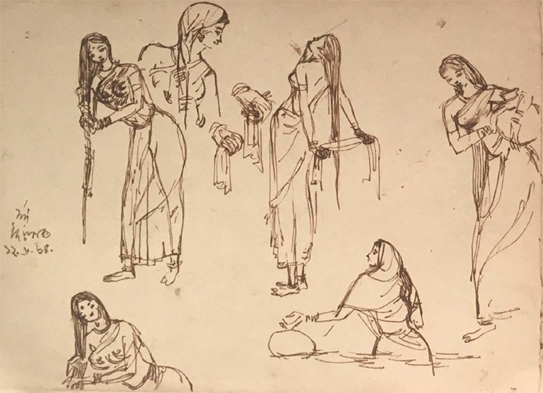 Indische figurative indische Zeichnung, Tusche auf Papier, zweiseitiges Werk von Indra Dugar, „Auf Lager“ im Angebot 15