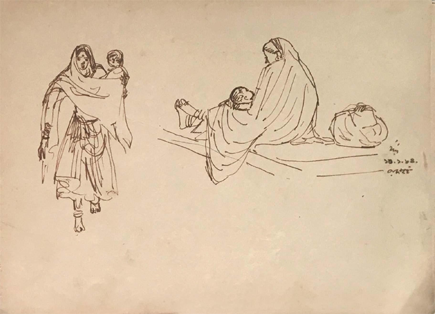 Indische figurative indische Zeichnung, Tusche auf Papier, zweiseitiges Werk von Indra Dugar, „Auf Lager“ im Angebot 18