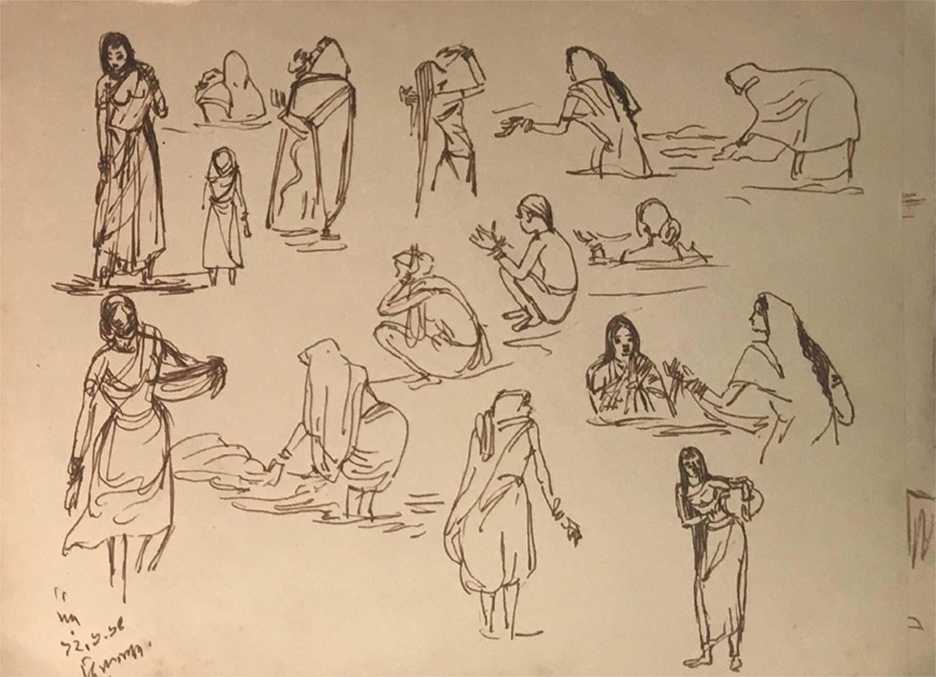Indische figurative indische Zeichnung, Tusche auf Papier, zweiseitiges Werk von Indra Dugar, „Auf Lager“ im Angebot 19