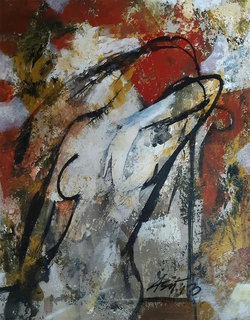 Nude Painting de Ashit Sarkar - Desnudo, Mujer, Acrílico sobre Papel, Rojo, Marrón, Blanco por Artista Indio "En Stock"