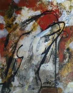 Nude, Woman, Acrylic on Paper, Red, Brown, White by Indian Artist "In Stock"