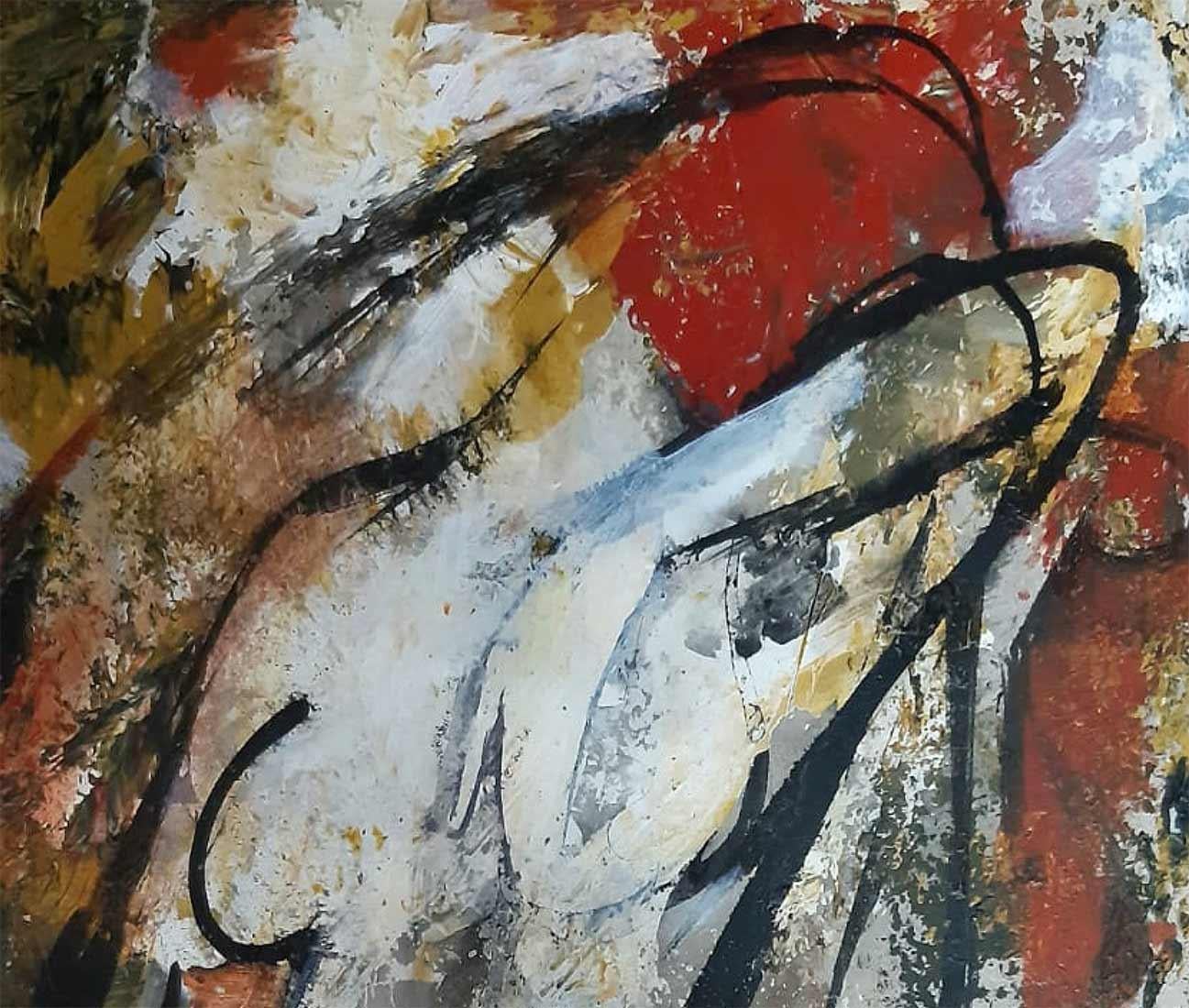 Nude, Woman, Acrylic on Paper, Red, Brown, White by Indian Artist 