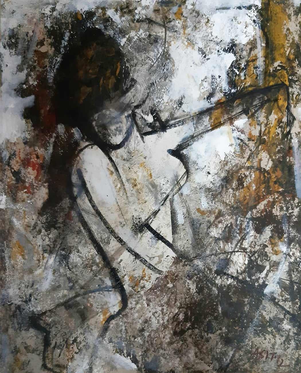 Ashit Sarkar Figurative Painting - Nude Woman, Acrylic on Paper, Yellow, Brown, White by Indian Artist "In Stock"