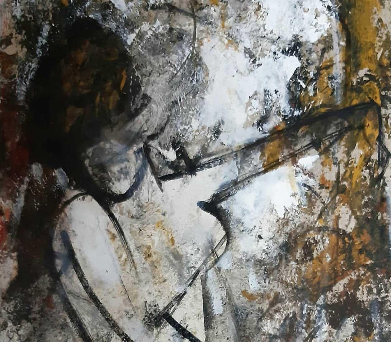 Femme nue, acrylique sur papier, jaune, marron, blanc par l'artiste indienne « En stock » - Painting de Ashit Sarkar