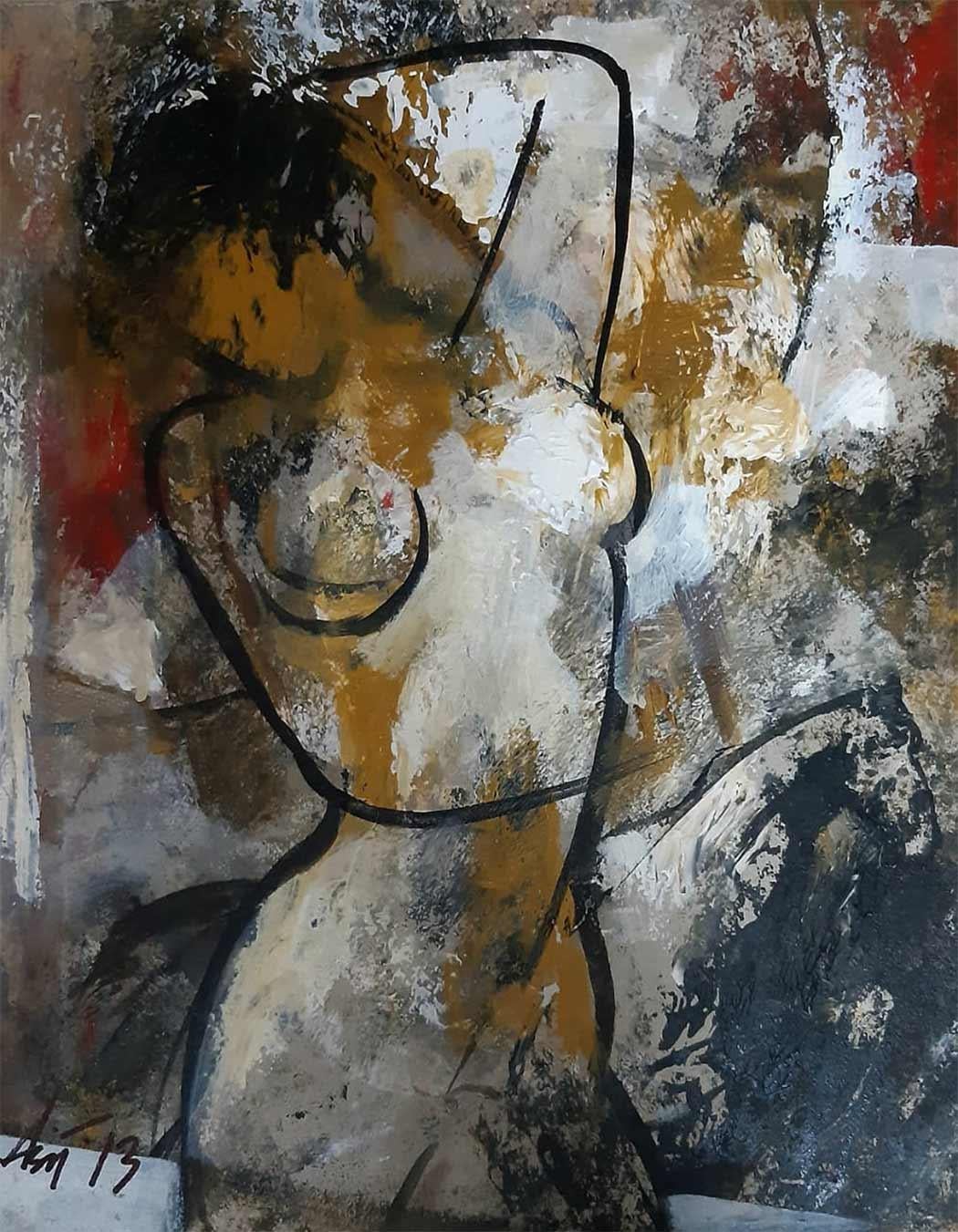 Ashit Sarkar Figurative Painting - Nude, Woman, Acrylic on Paper, Red, Yellow, Brown by Indian Artist "In Stock"