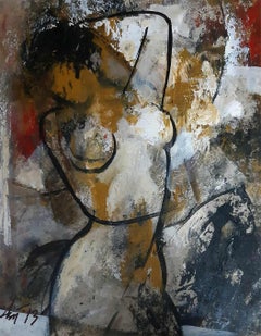 Nude, Woman, Acrylic on Paper, Red, Yellow, Brown by Indian Artist "In Stock"