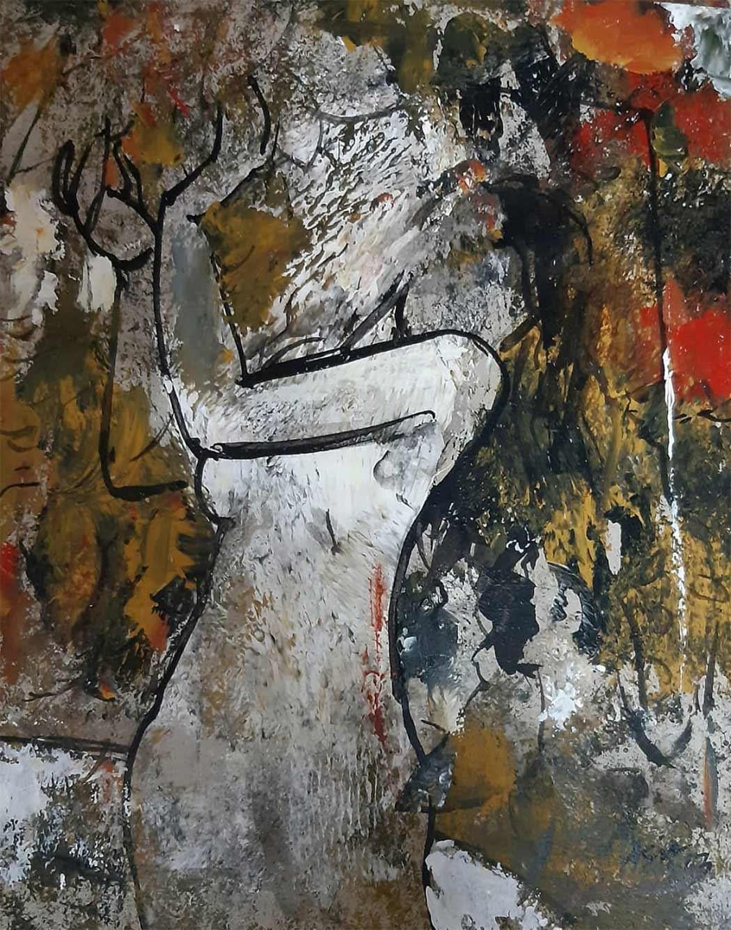 Figurative Painting Ashit Sarkar - Femme nue, acrylique sur papier, rouge, jaune, marron par l'artiste indienne « En stock »