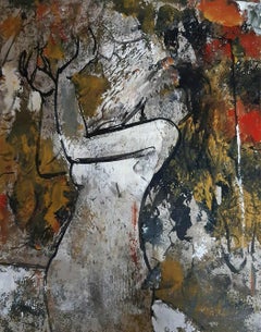 Nude Woman, Acrylic on Paper, Red, Yellow, Brown by Indian Artist "In Stock"