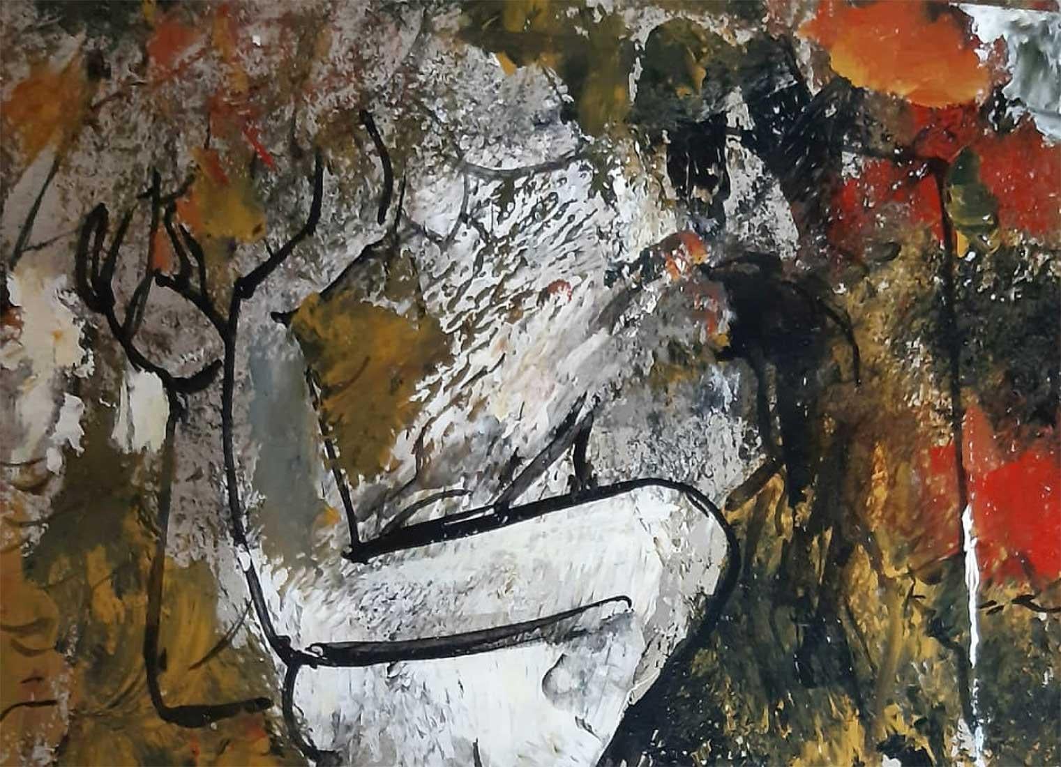 Nude Woman, Acrylic on Paper, Red, Yellow, Brown by Indian Artist 