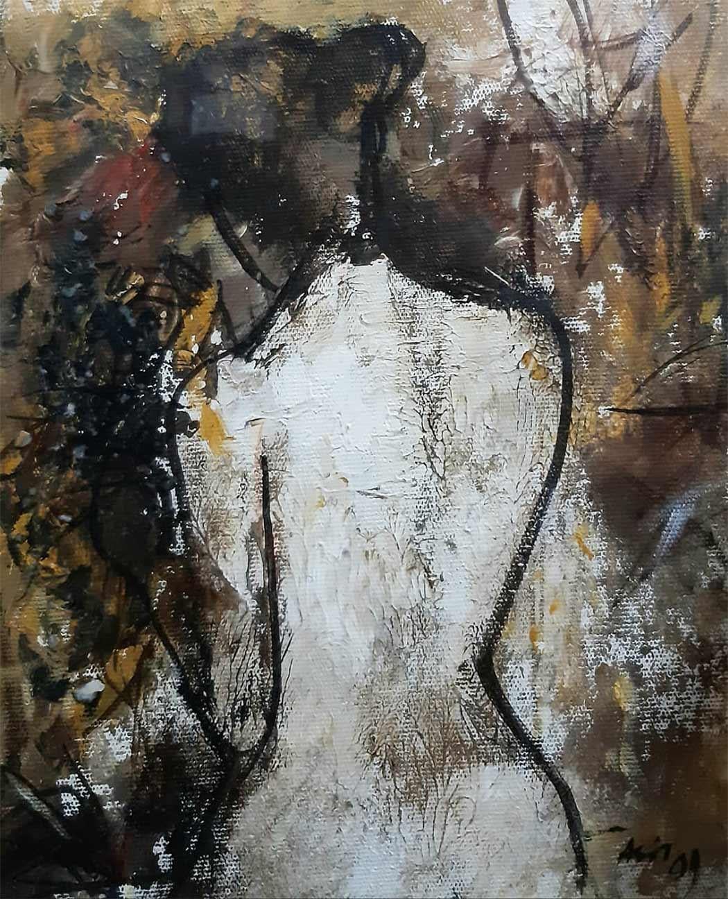 Woman, Nude, Acrylic on Canvas, Brown, Red, Yellow by Indian Artist "In Stock"