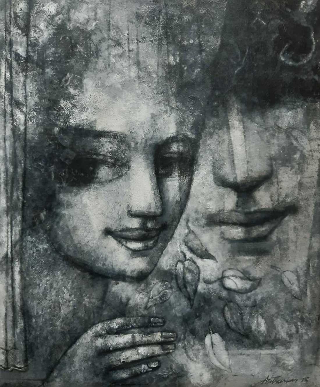 Women, Face, Charcoal on Canvas, Black & White by Indian Artist "In Stock"